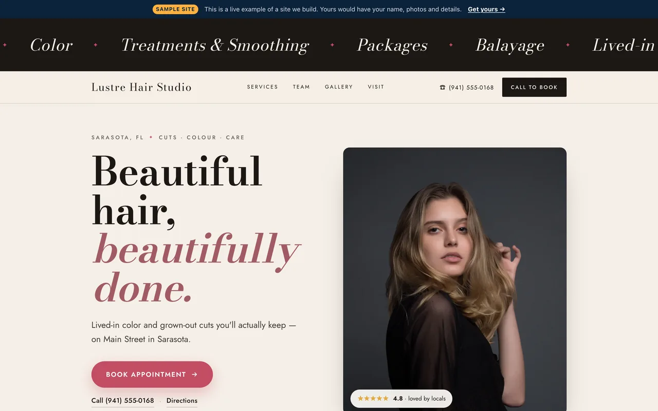Top of the Launch-tier salon & barber sample site built by Florida AI Partners