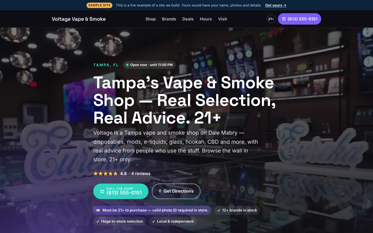Top of the Launch-tier vape & smoke shop sample site built by Florida AI Partners